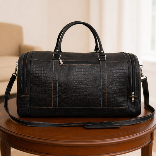 Premium Leather Weekend Duffle Bag – Black