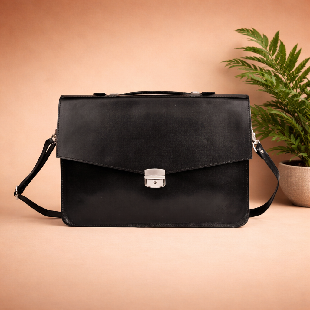 Vintage Leather Laptop Bag UK | Handmade Retro Briefcase for Work - Black